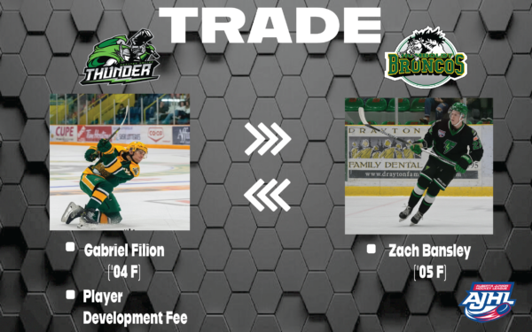 Thunder trade ’05 Zach Bansley to the Humboldt Broncos (SJHL) for ’04 Gabriel Filion